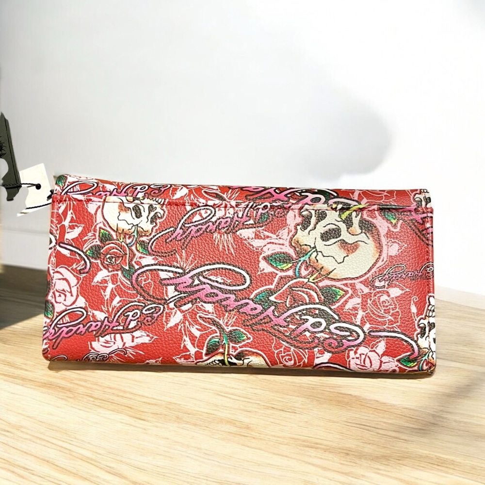 New Ed Hardy rhinestone skull and roses tattoo  folover wallet - Picture 2 of 5